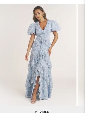 Blue Floral Ruffle Wrap Maxi Dress with Puff Sleeves